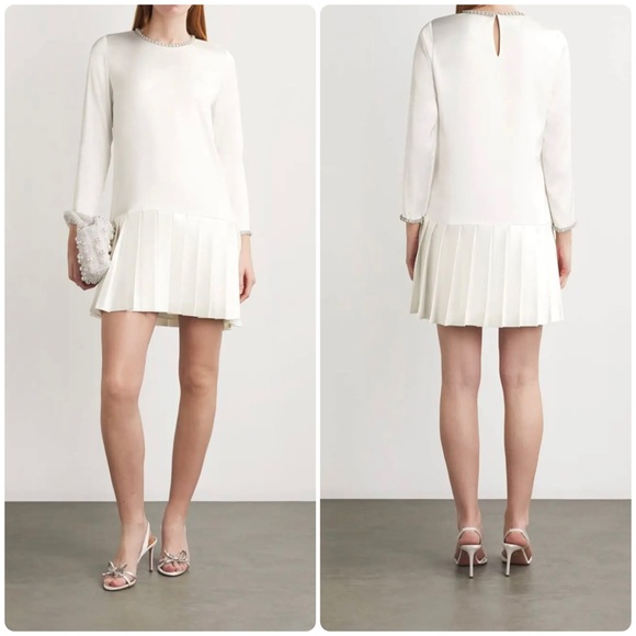New! Sandro Beaded and Pearls Satin Pleated Mini Princesse Dress 🤍 Medium NWT! - Picture 1 of 16